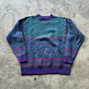 Vintage Dash Sweater Mens M Purple Green Diamond Knit Crew Neck Pullover